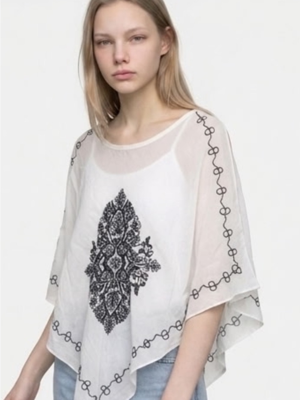 Mind Code White Sheer Poncho Top with Black Embroidery With Beads